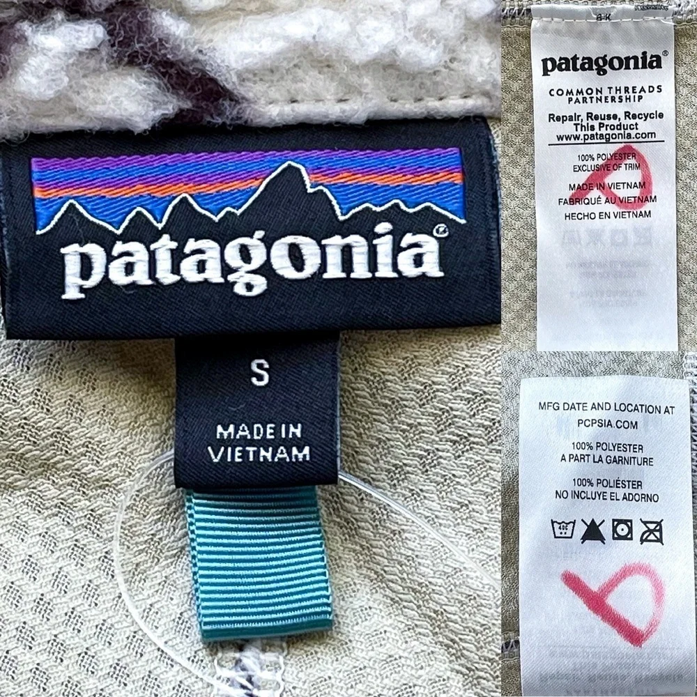 Patagonia Retro-X Deep Pile Fleece Jacket Pine‎ Stamp Brown Cream Small EUC